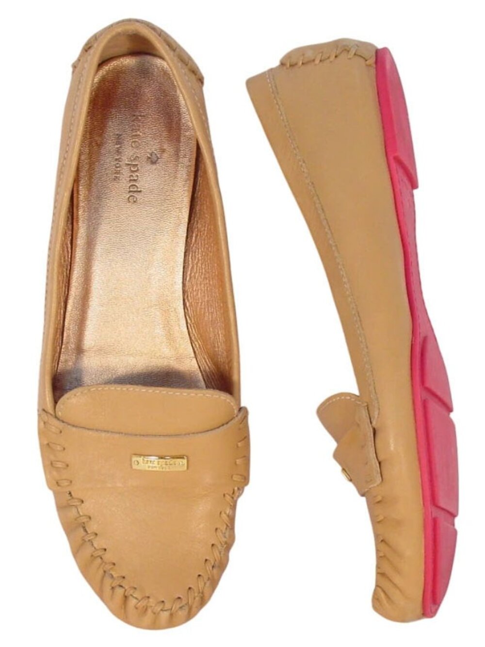 KATE SPADE Tan Leather Moccasin Loafers Pink Soles 10.5 - Made in BRAZIL